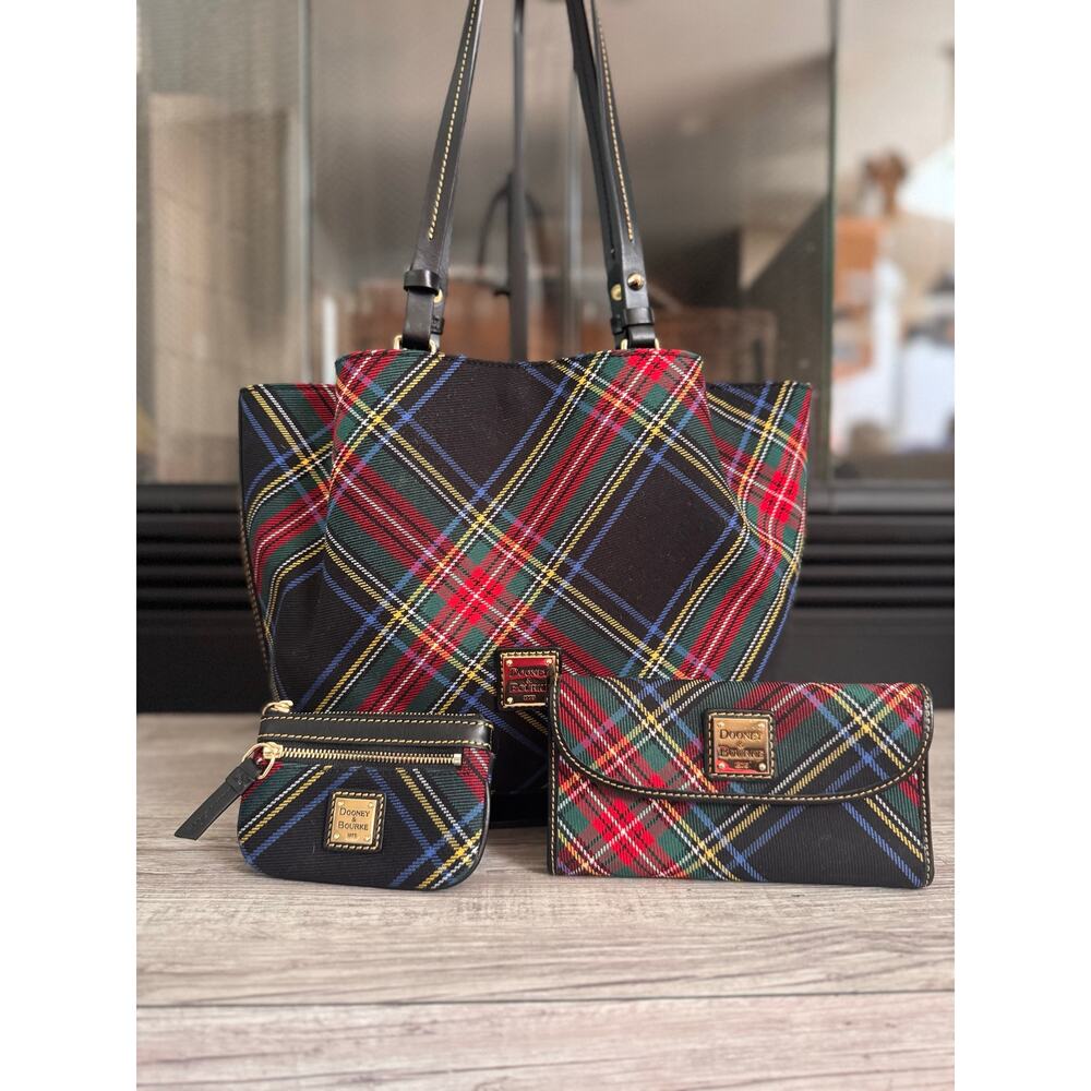 Three pc set Dooney & Bourke Barlow with wallet and coin purse tartan plaid